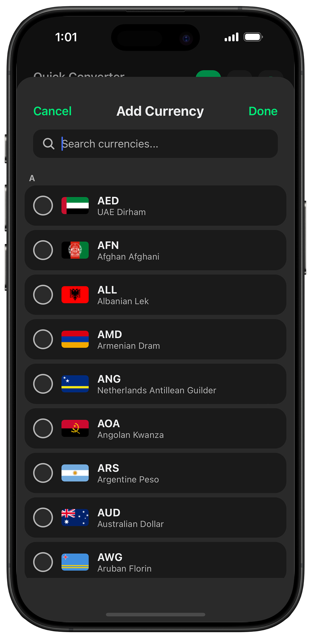 Currency screen on phone